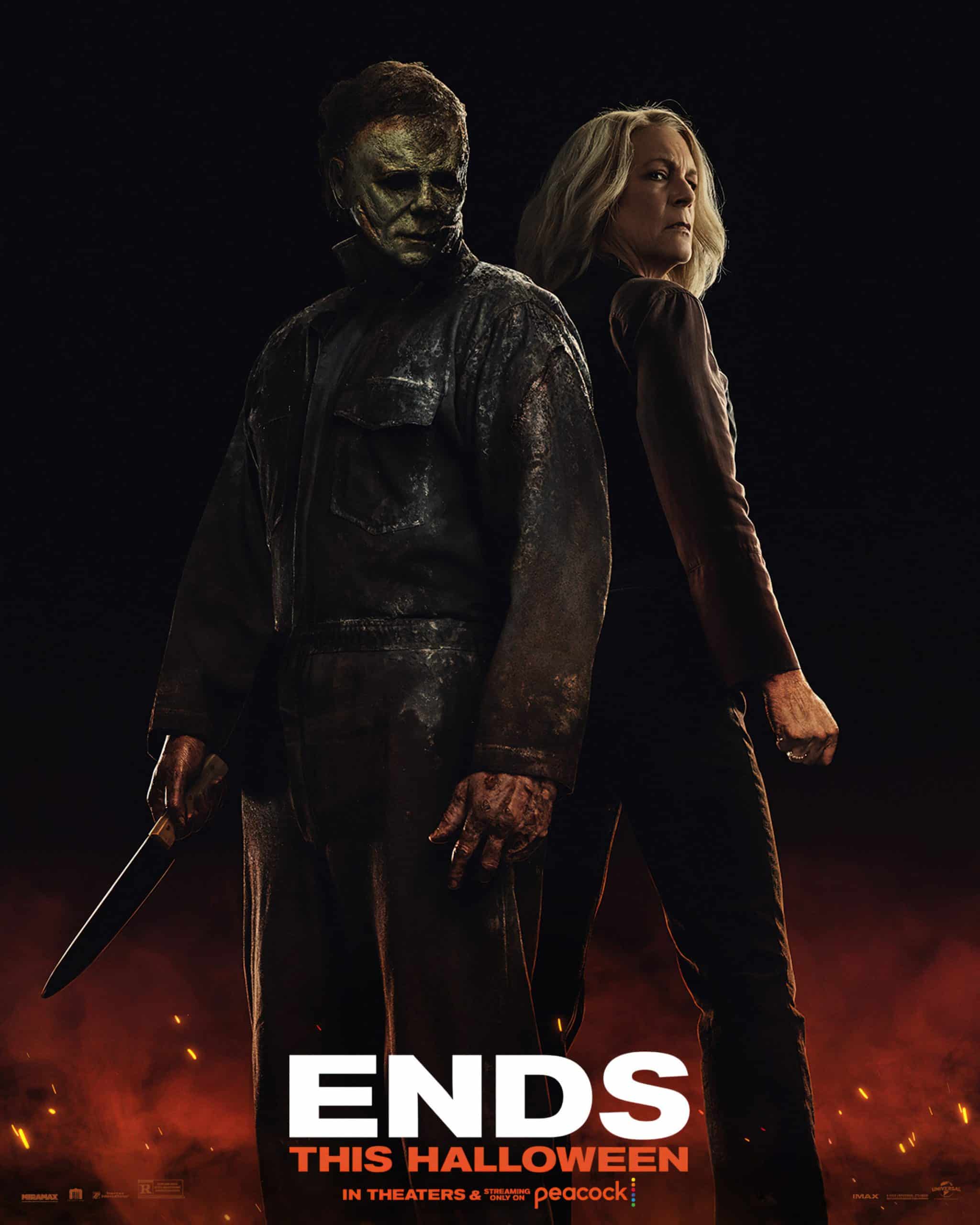 HALLOWEEN ENDS, US poster, from left: James Jude Courtney as The Shape, Jamie Lee Curtis, 2022