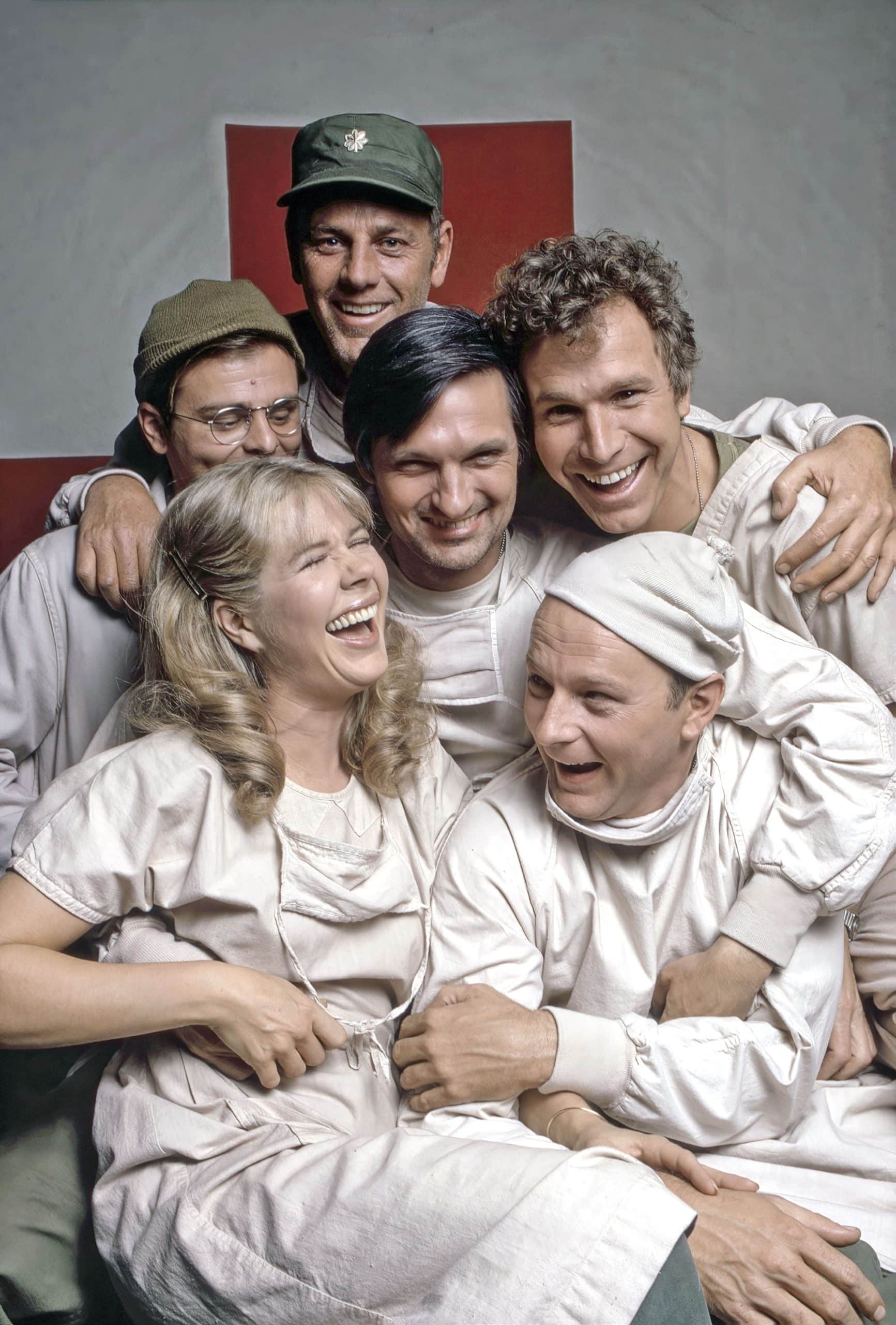 MASH, (aka M*A*S*H*), clockwise from top left: Gary Burghoff, McLean Stevenson, Alan Alda, Wayne Rogers, Larry Linville, Loretta Swit, 1973