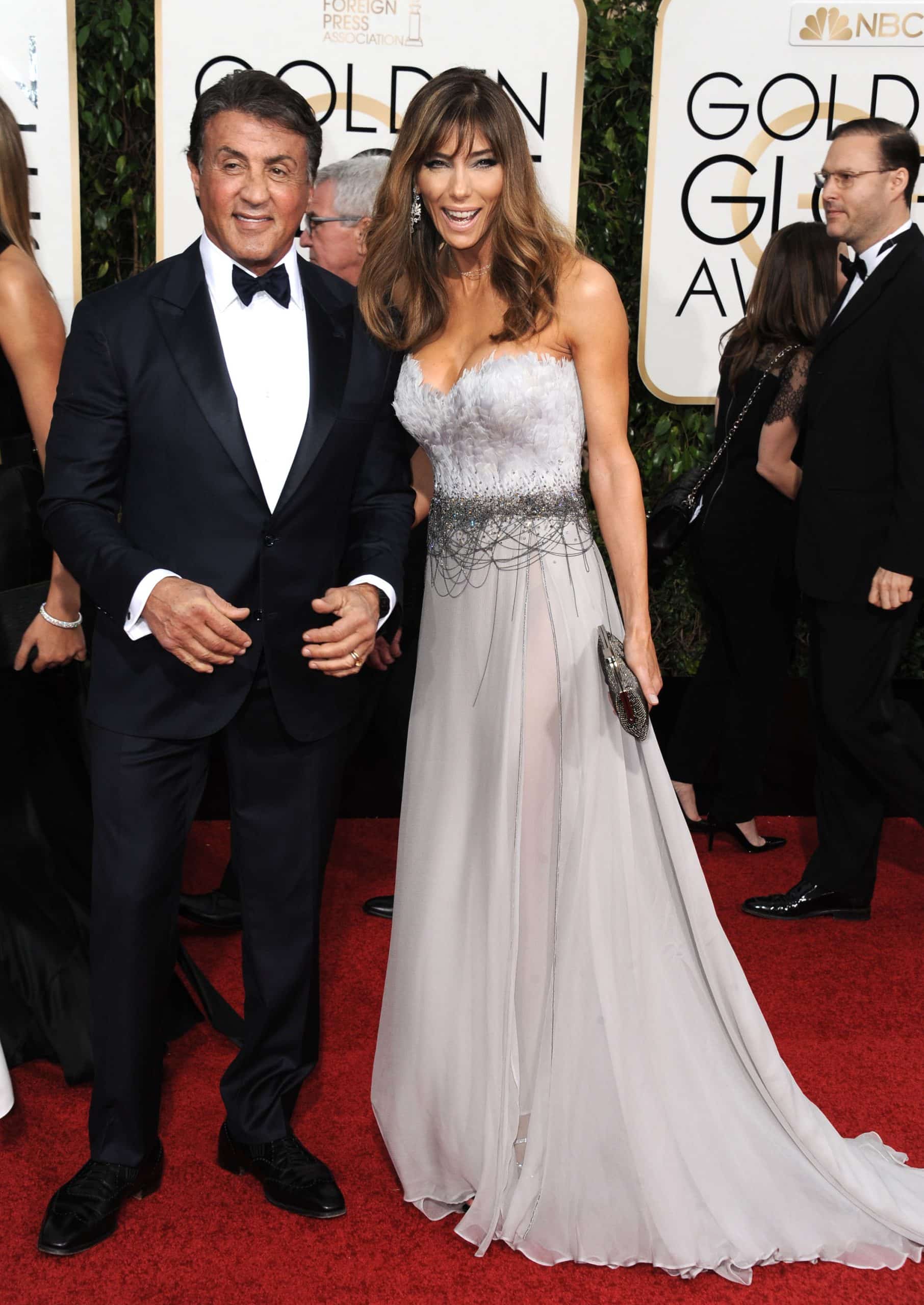 Sylvester Stallone and Jennifer Flavin arriving at the 73rd Annual Golden Globe Awards