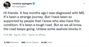Applegate announcing her MS diagnosis