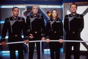 BABYLON 5, from left: Richard Biggs, Jerry Doyle, Claudia Christian, Bruce Boxleitner