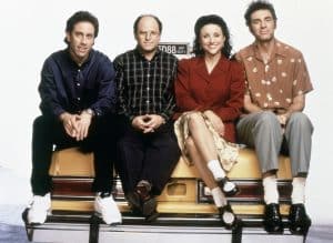 SEINFELD, from left: Jerry Seinfeld, Jason Alexander, Julia Louis-Dreyfus, Michael Richards