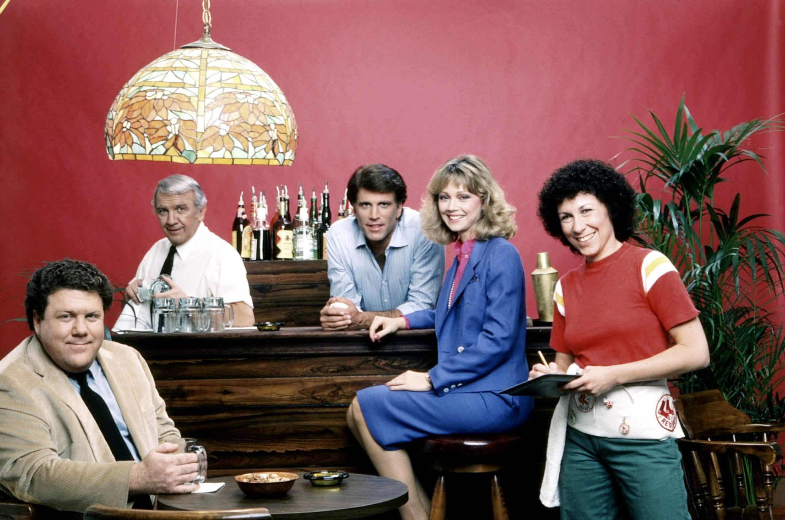 CHEERS, from left, George Wendt, Nicholas Colasanto, Ted Danson, Shelley Long, Rhea Perlman