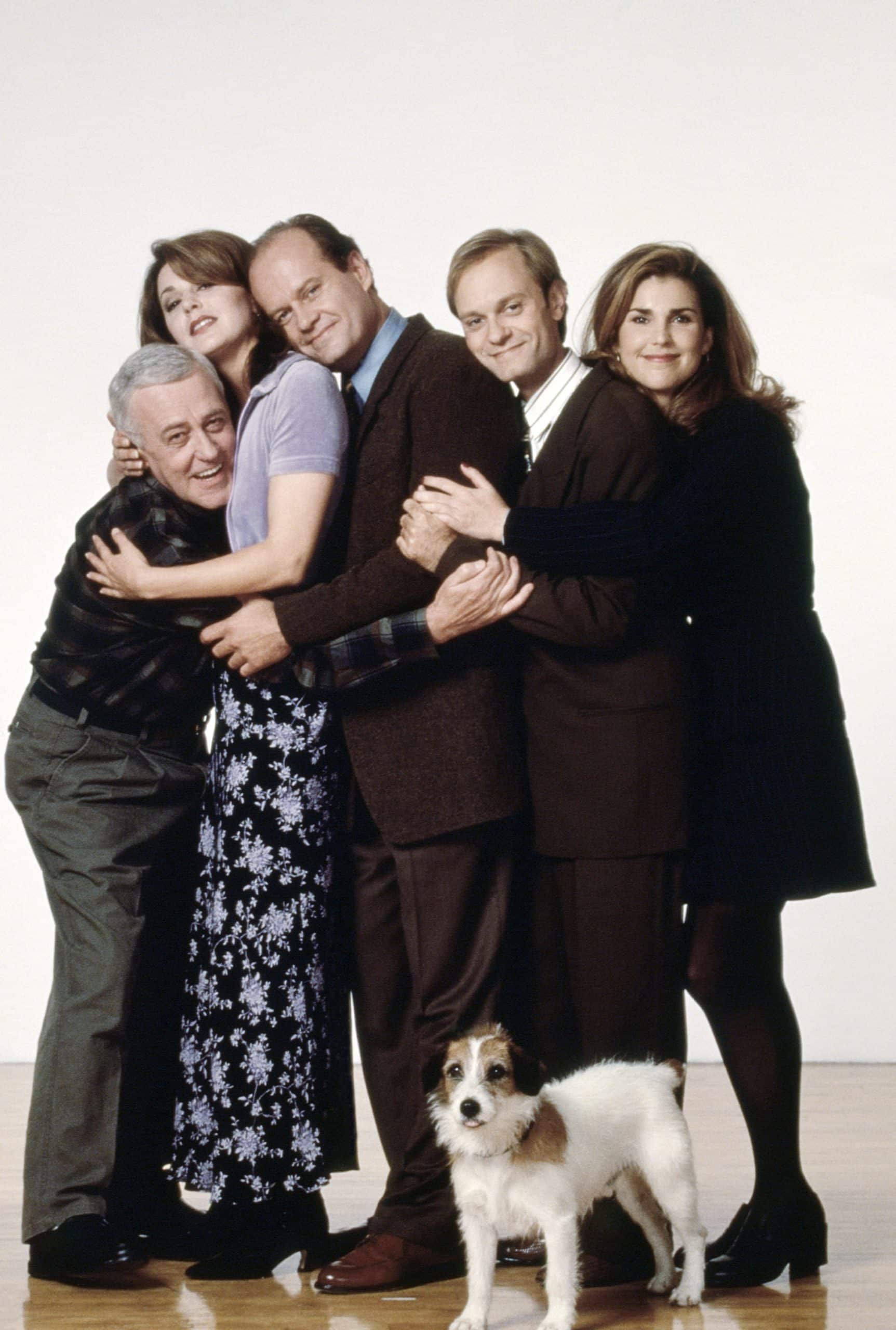 FRASIER, from left: John Mahoney, Jane Leeves, Kelsey Grammer, David Hyde Pierce, Peri Gilpin, Eddie the Dog, cast shot, 1993-2004