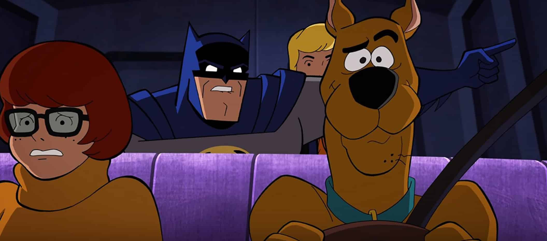 SCOOBY-DOO! &amp; BATMAN: THE BRAVE AND THE BOLD, l-r: Velma Dinkley (voice: Kate Micucci), Batman (voice: Diedrich Bader), Fred Jones (obscured), Scooby-Doo, 2018