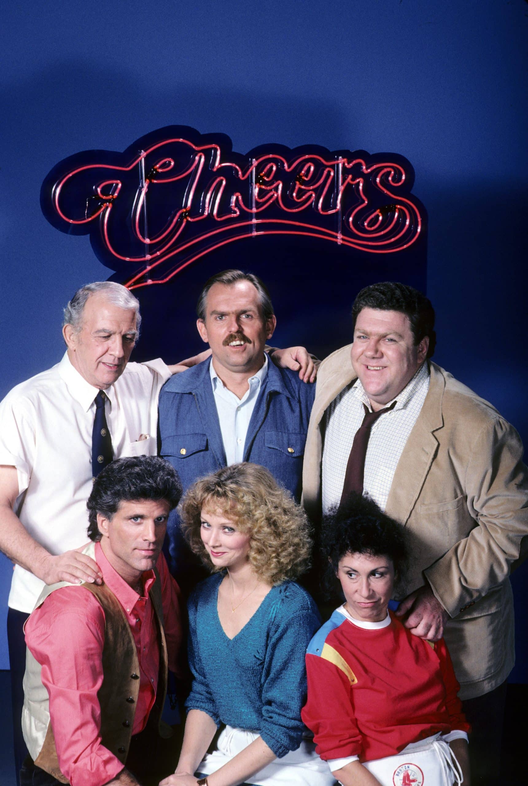 CHEERS, (top) Nicholas Colasanto, John Ratzenberger, George Wendt, (bottom) Ted Danson, Shelley Long, Rhea Perlman
