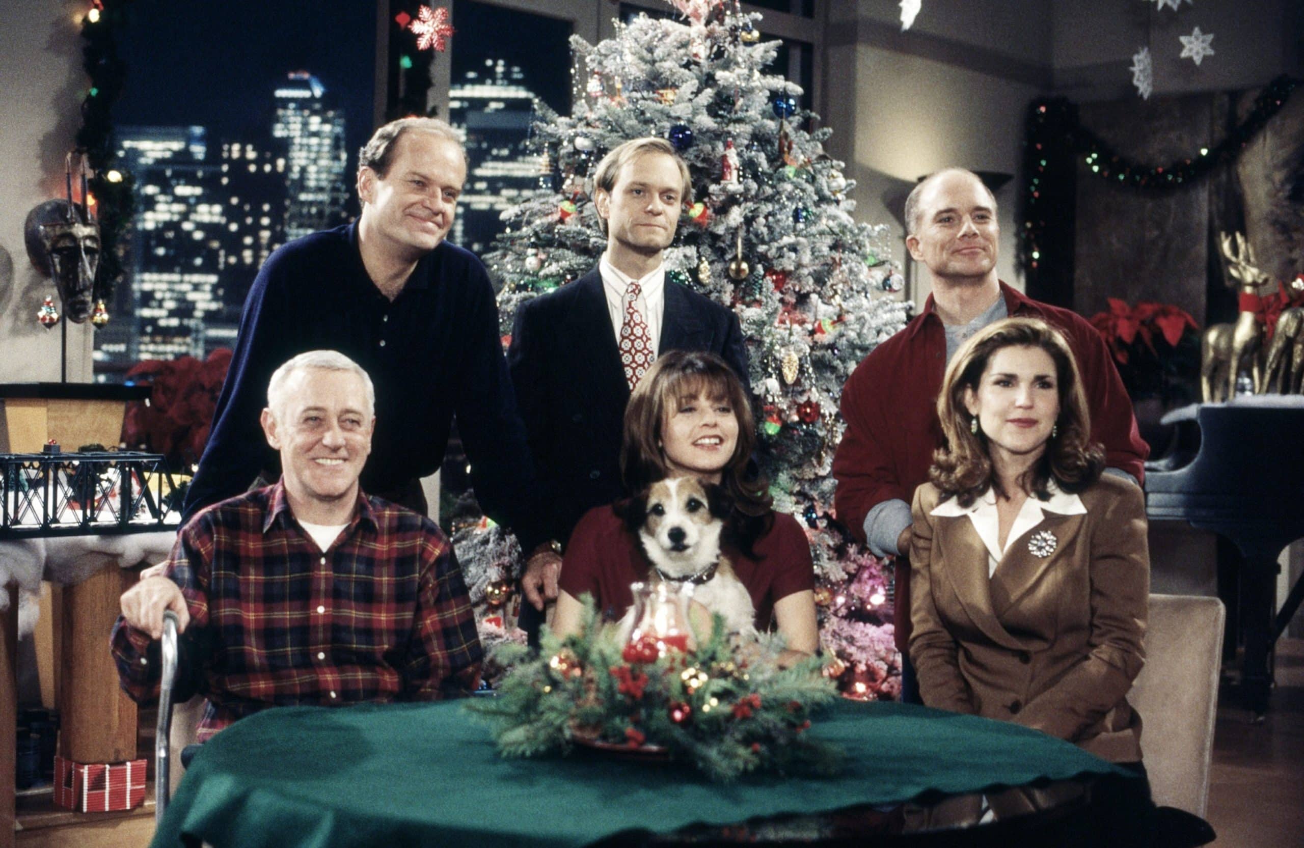 FRASIER, seated, from left: John Mahoney, Jane Leeves, with Eddie the Dog, Peri Gilpin; standing from left: Kelsey Grammer, David Hyde Pierce, Dan Butler, 1993-2004