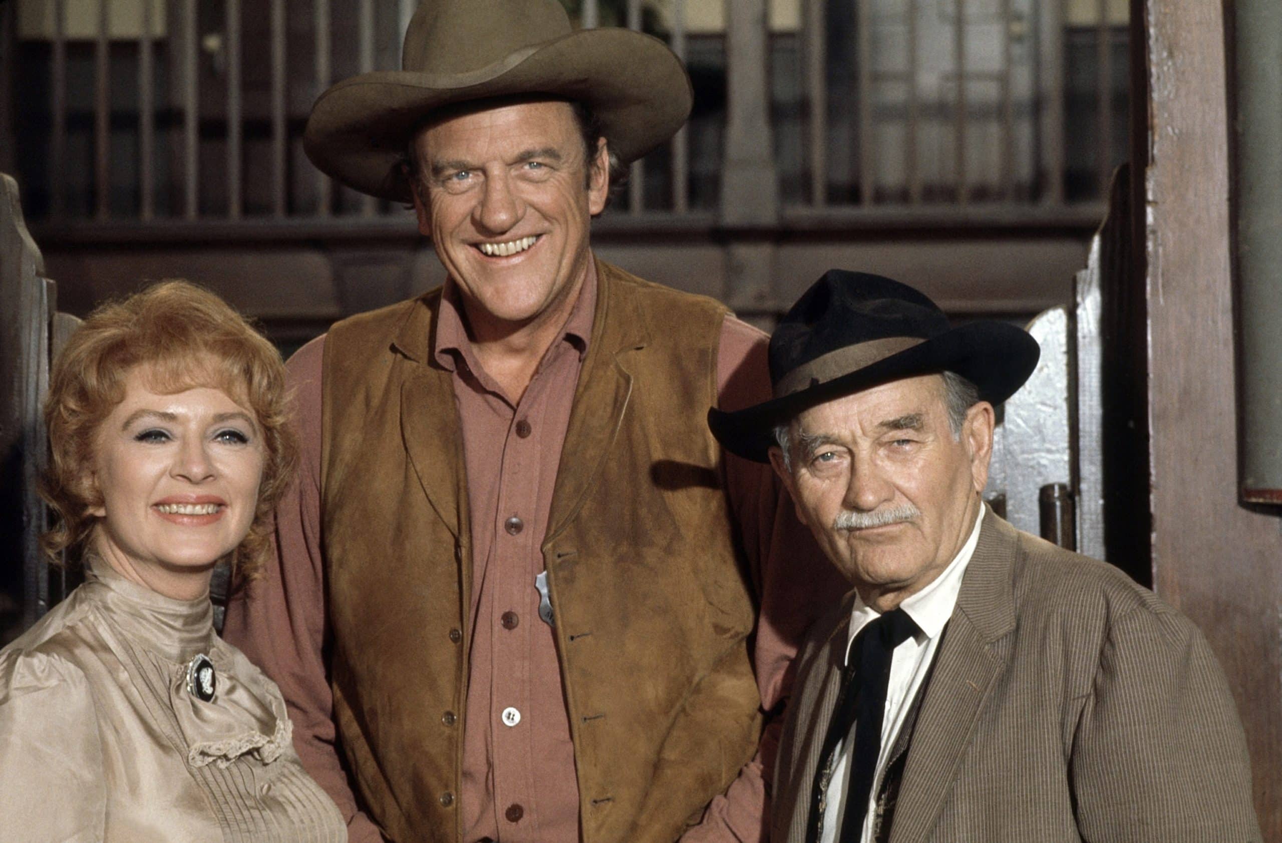 GUNSMOKE, from left: Amanda Blake, James Arness, Milburn Stone,