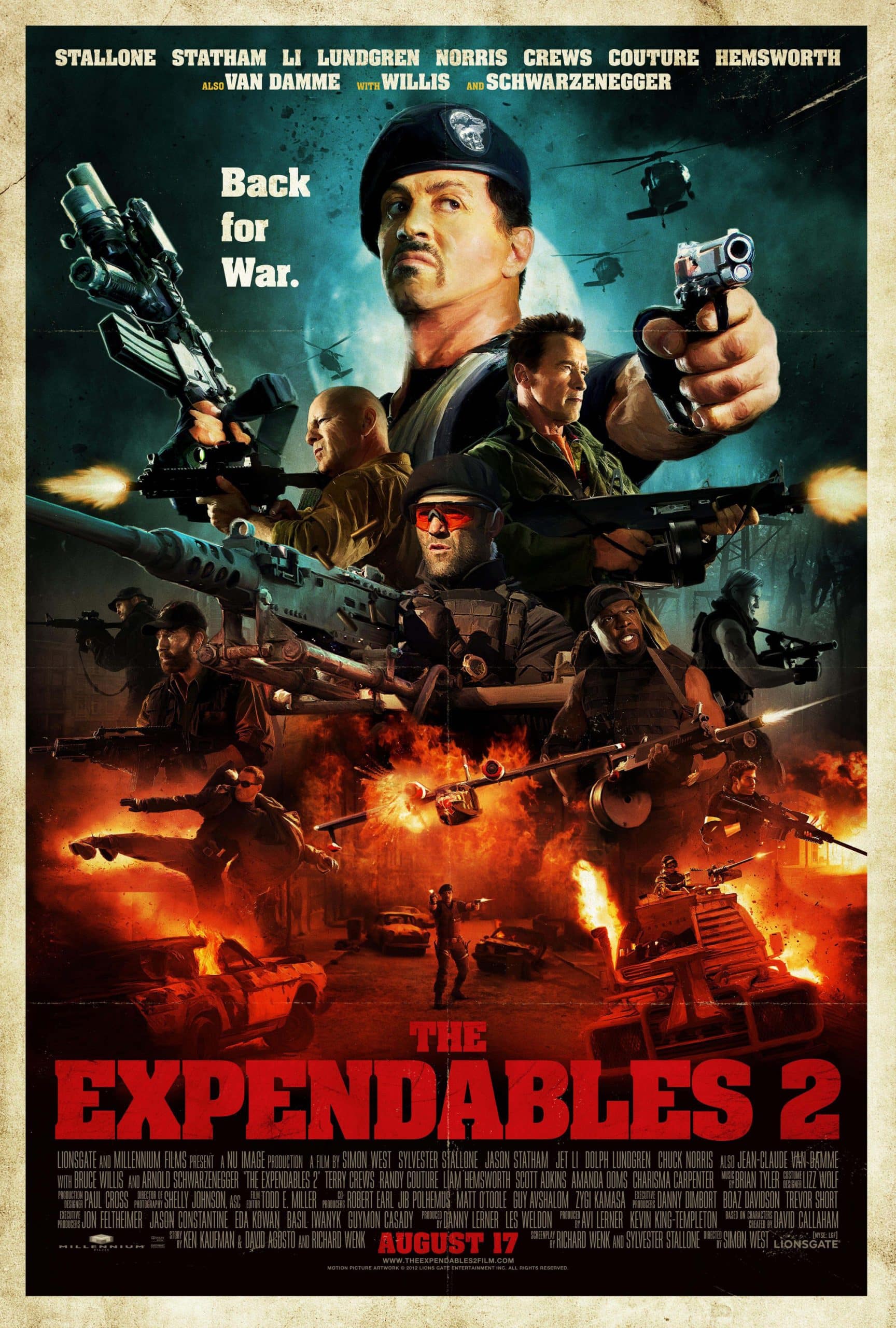 THE EXPENDABLES 2, US poster art, top 4, clockwise from top: Sylvester Stallone, Arnold Schwarenegger, Jason Statham, Bruce Willis; others, clockwise from far right: Dolph Lundgren, Terry Crews, Liam Hemsworth, Jet LI, Sylvester Stallone, Jean-Claude Van Damme, Chuck Norris, Randy Couture, 2012
