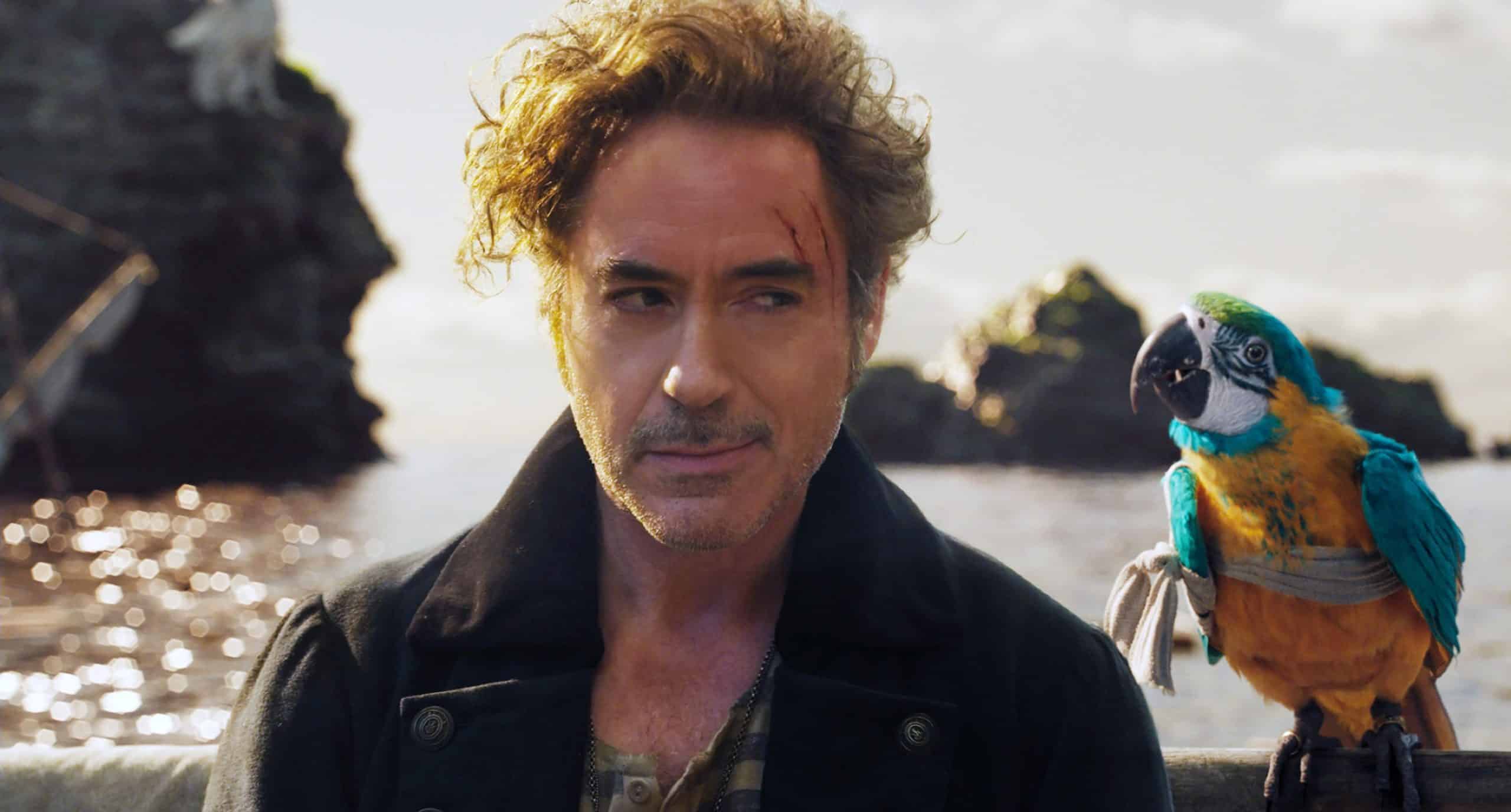 DOLITTLE, from left: Robert Downey Jr. as Dr. John Dolittle, parrot Polynesia