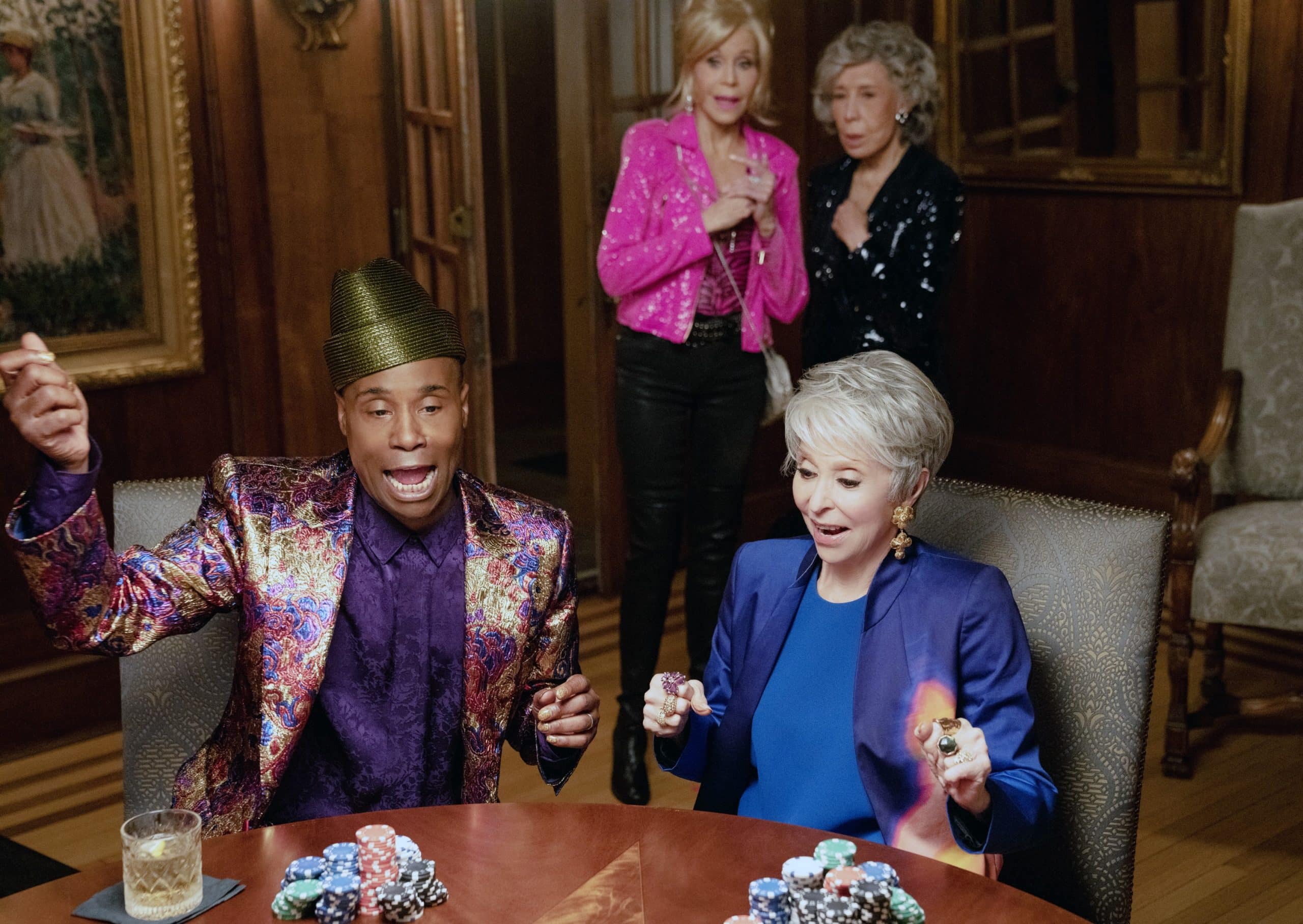 80 FOR BRADY, front from left: Billy Porter, Rita Moreno; back from left: Jane Fonda, Lily Tomlin, 2023