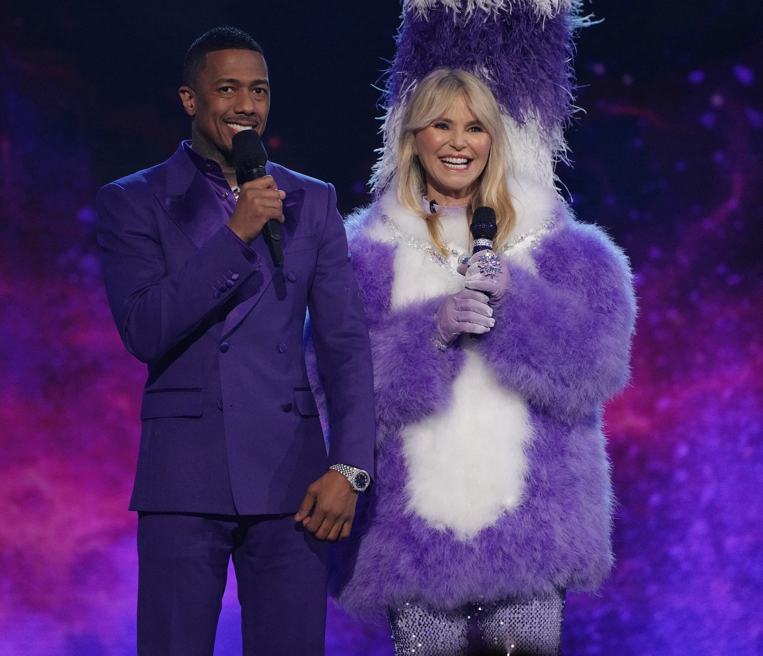 THE MASKED SINGER, from left: host Nick Cannon, Lemur (revealed as Christie Brinkley), Masking For It The Good, Tae Bad &amp; The Cuddly Round 2',