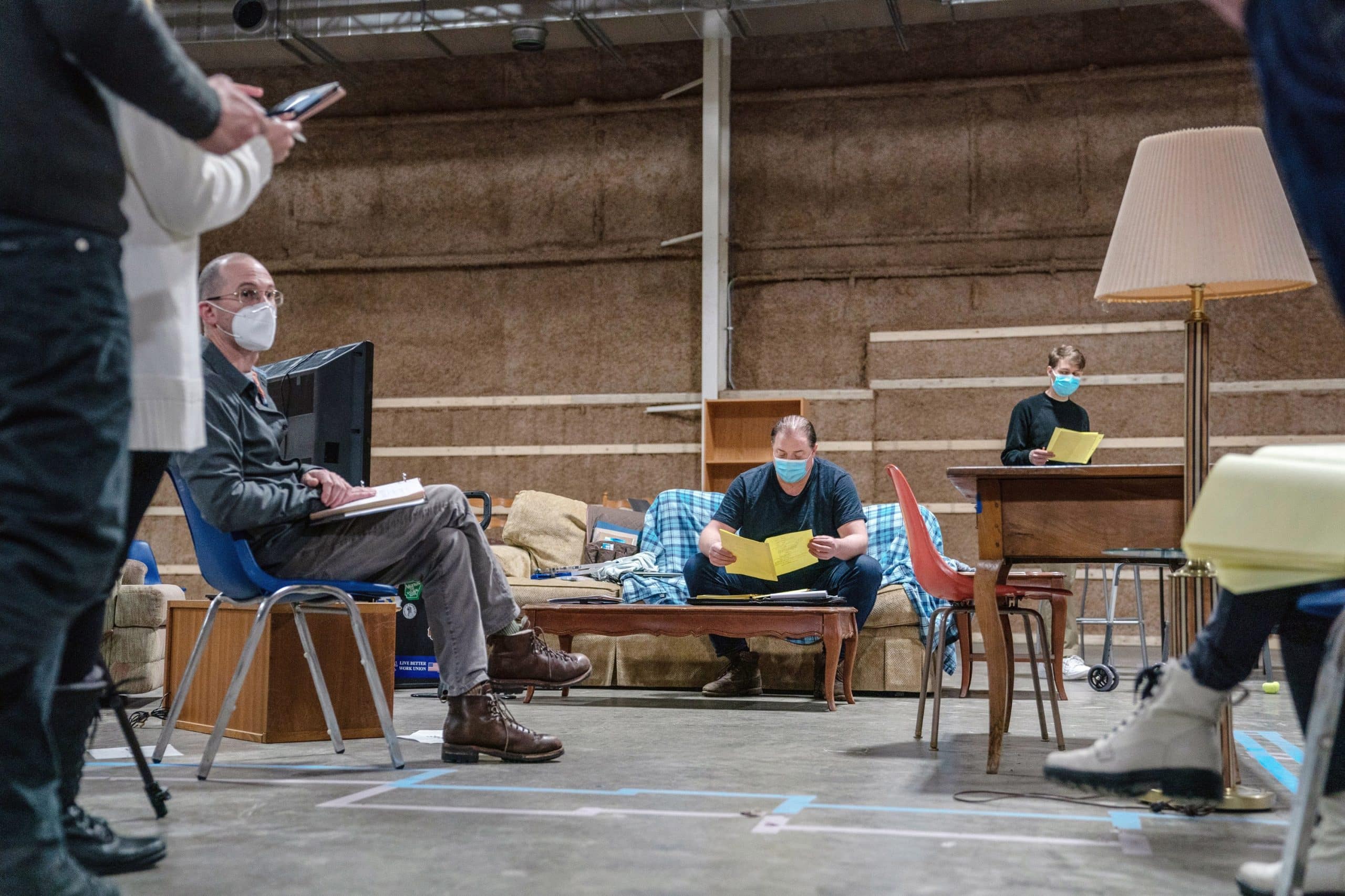 THE WHALE, from left: director Darren Aronofsky, Brendan Fraser, Ty Simpkins, on set, 2022