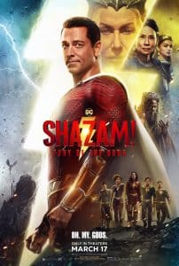 SHAZAM! FURY OF THE GODS, (aka SHAZAM 2), US poster, top from left: Zachary Levi as Shazam, Helen Mirren, Lucy Liu, Rachel Zegler; center right: Djimon Hounsou; bottom from left: Ross Butler, Meagan Good, Grace Caroline Currey, Adam Brody, D.J. Cotrona