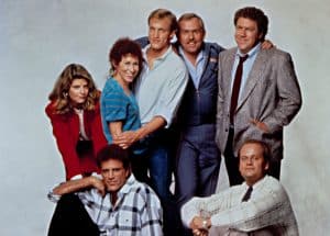CHEERS, 1982-93, cast shot, Kirstie Alley, Ted Danson, Woody Harrelson, Kelsey Grammer, Rhea Perlman, John Ratzenberger, John Wendt