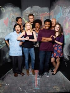 COMMUNITY, (from left): Ken Jeong, Danny Pudi, Gillian Jacobs, Joel McHale, Yvette Nicole Brown, Donald Glover, Chevy Chase, Alison Brie