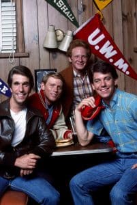 HAPPY DAYS, from left, Henry Winkler, Ron Howard, Don Most, Anson Williams