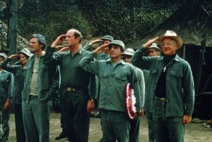 MASH, (aka M*A*S*H*), front, from left: Alan Alda, David Ogden Stiers, Jamie Farr, William Christopher