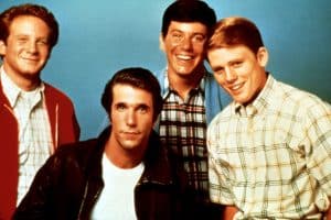 HAPPY DAYS, from left, Henry Winkler, Ron Howard, Don Most, Anson Williams