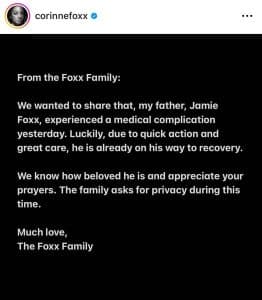 Corinne Foxx announced Jamie Foxx's hospitalization