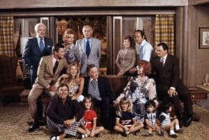 BEWITCHED, standing from left: David White, Kasey Rogers, Charles Lane, Alice Ghostley, Bernie Kopell; seated, from left: Dick Sargent, Elizabeth Montgomery, Maurice Evans, Agnes Moorehead, Bernard Fox; on floor in front: Paul Lynde, Erin Murphy, Diane Murphy, Tamar Young, Julie Young