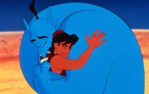 ALADDIN, from left: Aladdin (voice: Scott Weinger), Genie (voice: Robin Williams)
