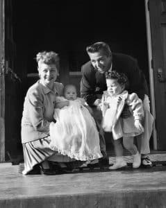 Lucille Ball and Desi Arnaz with their children, newborn son Desi Arnaz, Jr., and daughter Lucie Arnaz