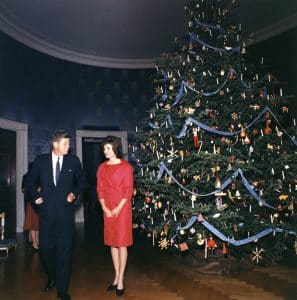 President John F. Kennedy and First Lady Jacqueline Kennedy beside the Blue Room Christmas tree