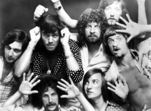 Electric Light Orchestra (ELO), clockwise from top left: Melvyn Gayle, Bev Bevan, Jeff Lynne, Mik Kaminski, Colin Walker, Richard Tandy, Kelly Groucutt