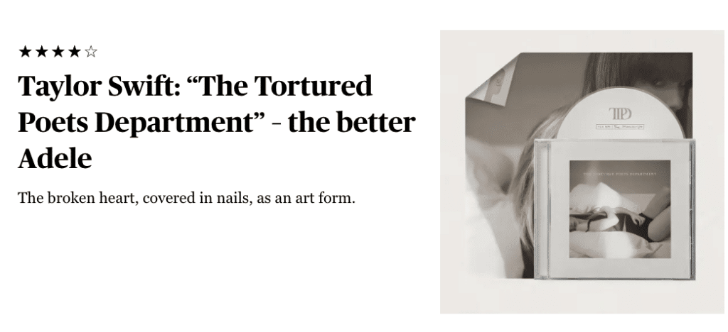 Title of Rolling Stone's review of 'The Tortured Poets Department' 