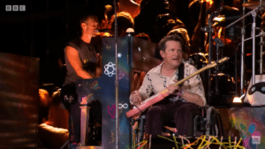 Michael J. Fox performed from his wheelchair alongside Coldplay