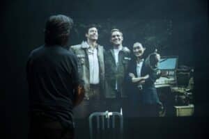 MONARCH: LEGACY OF MONSTERS, Kurt Russell (front), on screen, from left: Anders Holm, Wyatt Russell, Anna Sawai