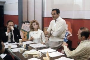 THE FLINTSTONES, from left: Alan Reed (Fred Flintstone), Ann-Margret (as Ann Margrock), Joseph Barbera (producer), Howard Morris
