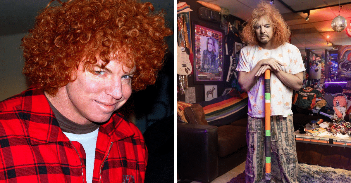 Comedian Carrot Top performing on stage with his signature red hair